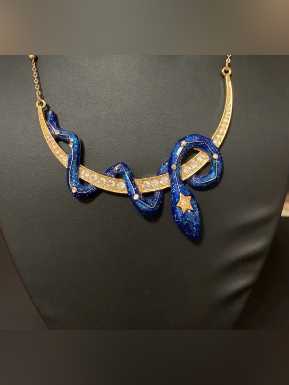 Betsy Johnson Snake Bib “Celestial Serpent" Necklace, blue enamel And Rhinestone